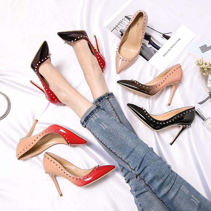 

2021 Fashion free shipping spikes Patent Leather Poined Toe Stiletto Heel high heel shoe pump HIGH-HEELED SHOES dress shoes1, Black red 10cm