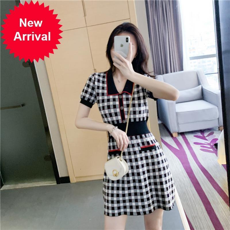 

New Women's 2021 Fashions of Vintage Plaid Lapel Mesh Mini Summer Sexy Female Chess Short Sleeve Dress Waist High Clothes 70XN, Blue