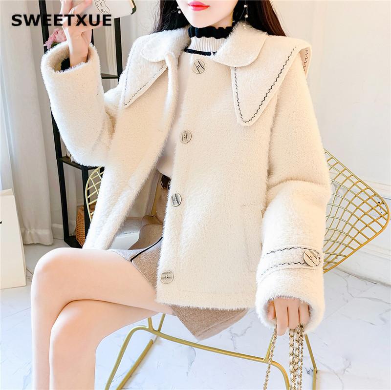 

SWEETXUE Autumn Winter New 2020 Mink Fleece Short Coat Women' Long-Sleeved Single-Breasted Chic Casual Jacket Female, Black