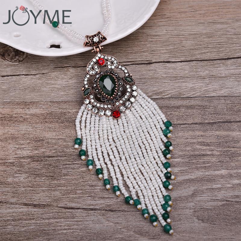 

New Vintage Jewelry Turkish Long White Beads Necklace For Women Neck Green Stone Pendant Tassel Necklace Choker Collar Gifts