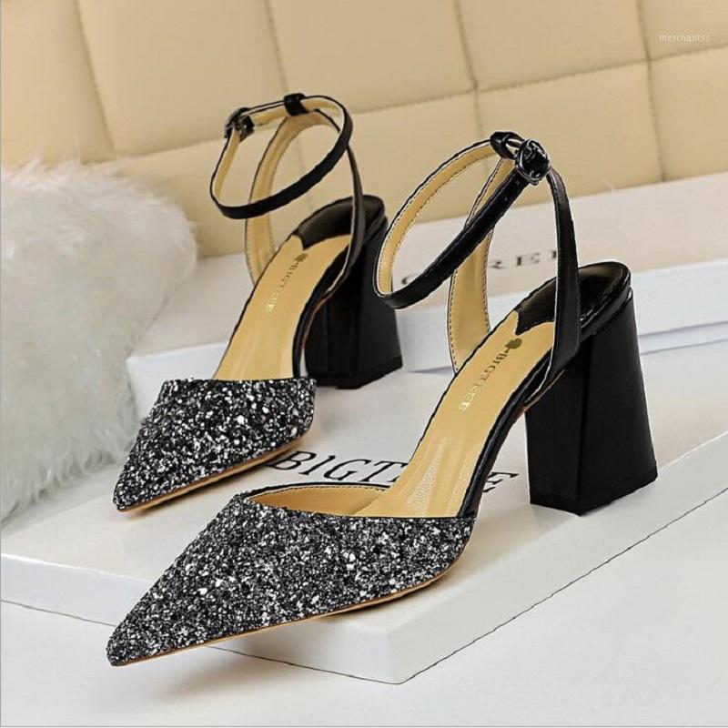 

European America Style Fashion Thick High Heels Shallow Hollow Mixed Colors Bling Pointed Toe One-Strap Women Sandals 202005281, White