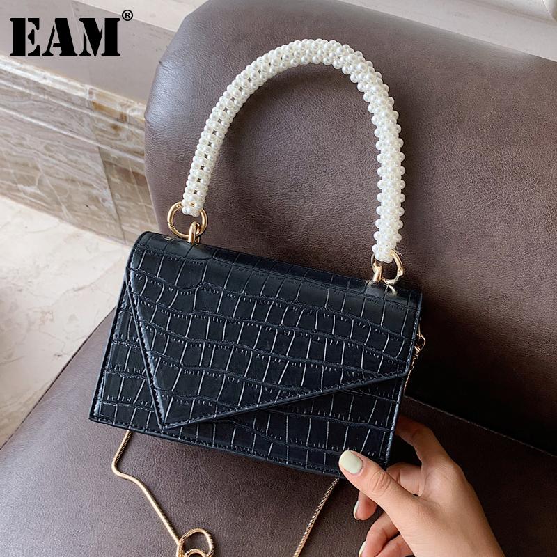 

[EAM] Women New Pearl String Handle PU Leather Flap Personality All-match Crossbody Shoulder Bag Fashion Tide 2021 18A1561, Black