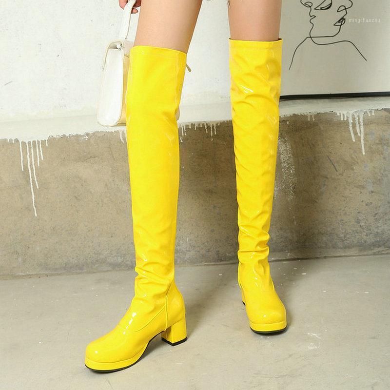 

Yellow Green Red Women Over the Knee Boots Patent PU Leather Platform Square Heel Women Long Boots Fashion Party Ladies Shoes1, Black