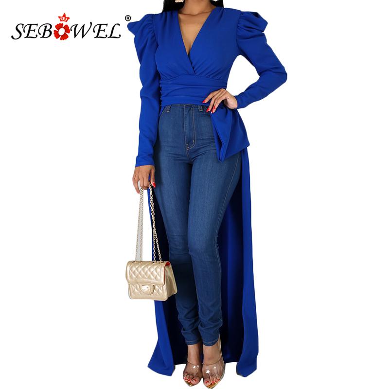 

SEBOWEL Women' Ruffles High Low Blouse and Tops Long Sleeve Sexy V-neck Party Blouses Shirts Female Stylish Solid Long Tops XXL, Red