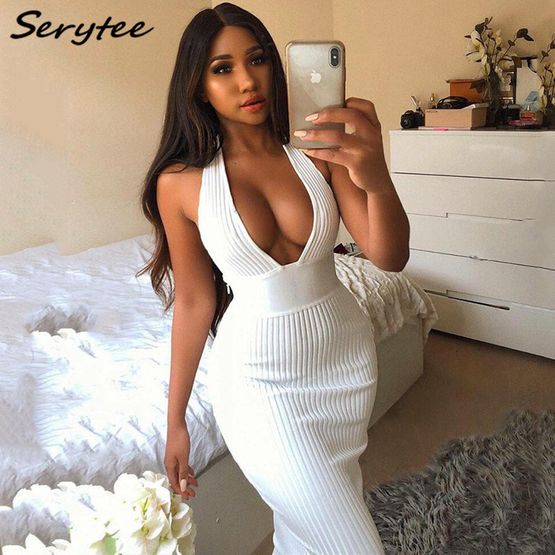

Serytee Sexy Deep V Neck Backless Rib Knitted Bodycon Long Dress Women 2022 Sleeveless High Waist Night Club Party Maxi Dresses Women' Clothing Robe, White