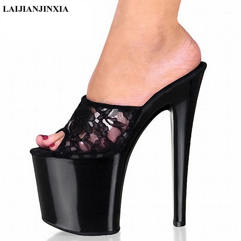 

LAIJIANJINXIA New Women's Shoes 23cm High-Heeled Shoes Solid Platform Slippers Lace Sweet Embroider Sexy Party Stripper1, Black