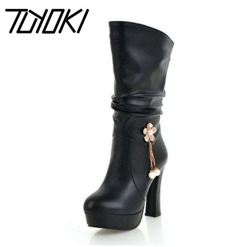 

Tuyoki Size 33-43 Women'S Shoes Flowers Winter Mid Calf Boots Platform Mid Calf Boots Fashion Sweet Warm Ladies Footwear, Black