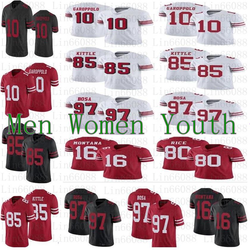 

Men 10 Jimmy Garoppolo football women youth 85 George Kittle 97 Nick Bosa 80 Jerry Rice 16 Montana jersey, As