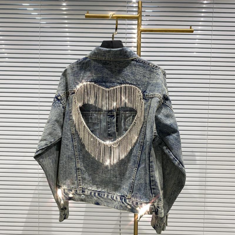 DEAT Autumn New Arrivals Streetwear Long Sleeve Hollow Out Slim Rhinestone Tassel Backless Denim Short Coat Women SE429 201112Z
