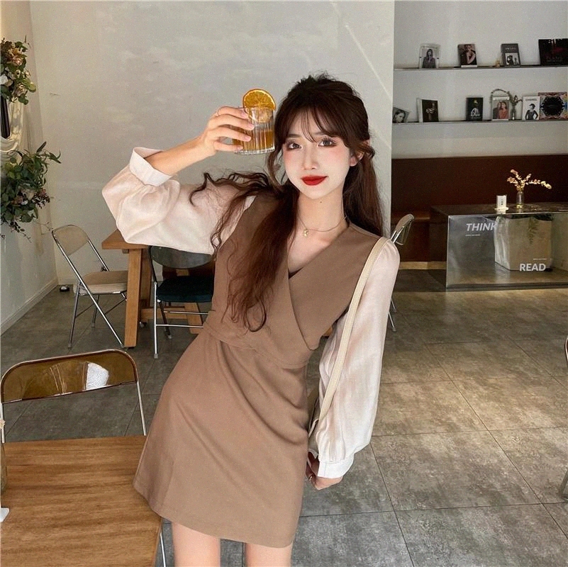 

JXMYY Fashion new products 2020 temperament gentle stitching long-sleeved winter bottoming and thin waist dress #CD5p, Black;gray