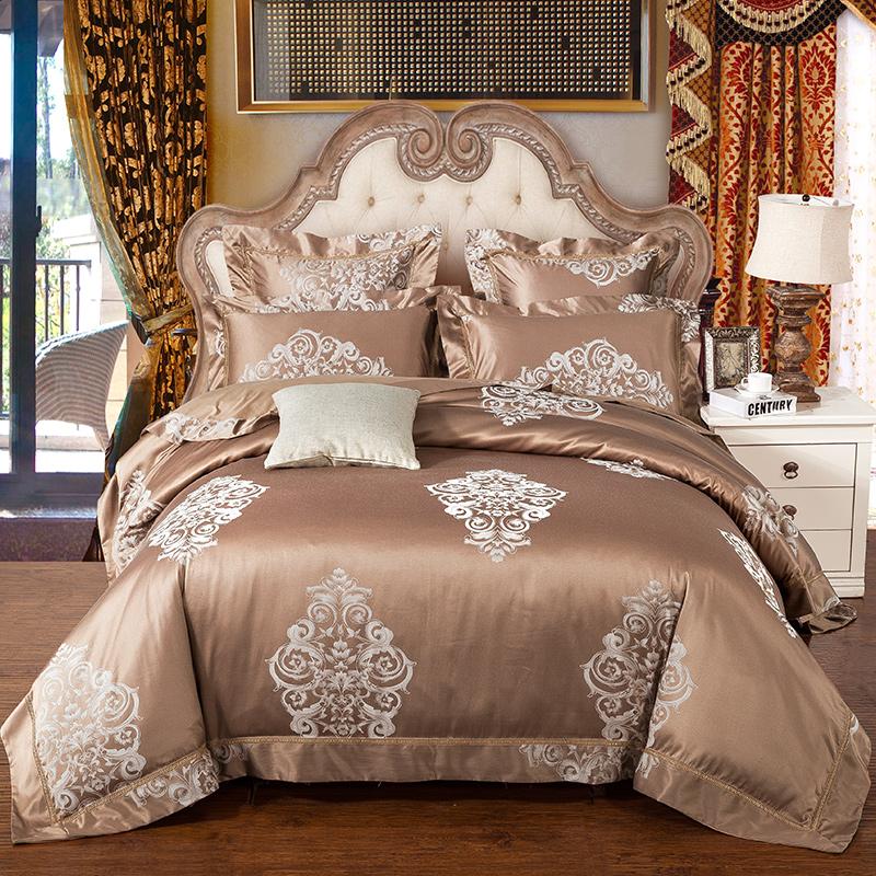 

HOT SALE European Style Silk Bed Linen Set Jacquard Satin Duvet Sheet Set Queen King Size Bedding Sets/bedclothes Cover