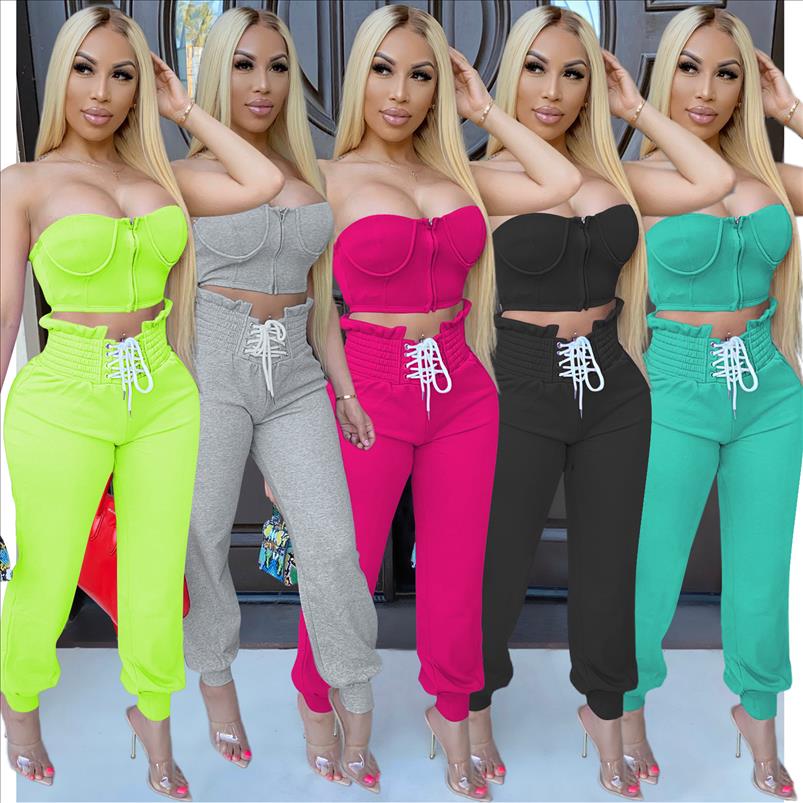 

2021 solid two piece set strapless zipper crop high waist trousers women sets streetwear two piece sets, Gray