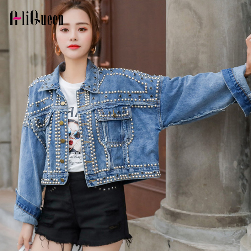 

Women Punk Style Cool Denim Jacket Womens Jackets and Coats Streetwear Tassel Short Batwing Denim Sherpa Sequin Jacket Outerwear 201106, Blue