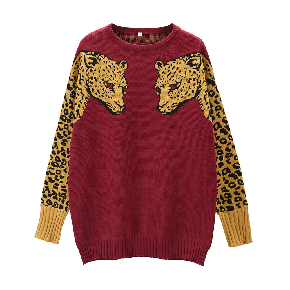 

2021 Women's Nightgown Topped Autumn New Fashion Personality Loose Around the Leopard Neck Printing Long Sleeve Sweater WK78, Red