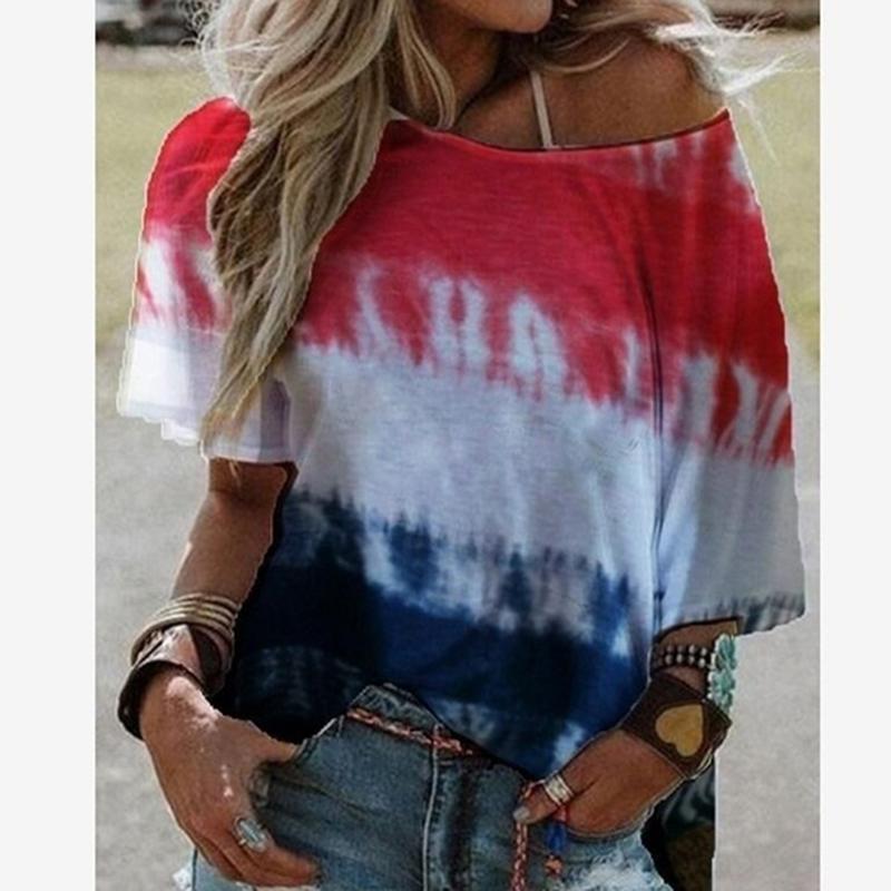 

Women Sport Running Gym Tee Gradient Short Sleeve T-Shirts Summer Loose Skew Collar Tops T-shirt Female Casual Tee 2020, Red