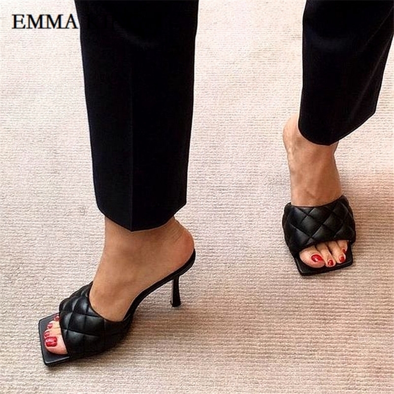 

Women Leather Quilted High Heel Sandals luxury Chic Square Toe Slippers Retro High Heels Sexy Women Summer Outdoor Beach Slipper Y200423, Artificial leather