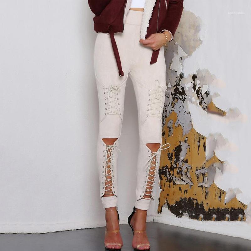 

New Suede Leather Pencil Pants Lace Up Cut Out Fashion Trousers For Women Sexy Bandage Legging Pants Lace-Up Women's1, Army green