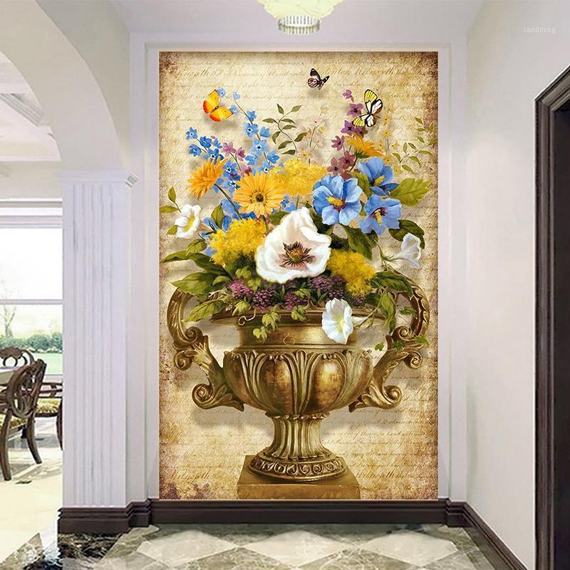 

Custom Photo Wallpaper For Walls European Style Retro Oil Painting Vase Flower 3D Hallway Aisle Living Room Wall Mural De Parede1, As pic
