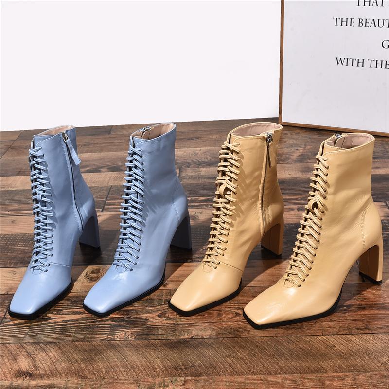 

new design High heel short boots women ankle boots square toe high thick heel lace up blue black nude colors lace up