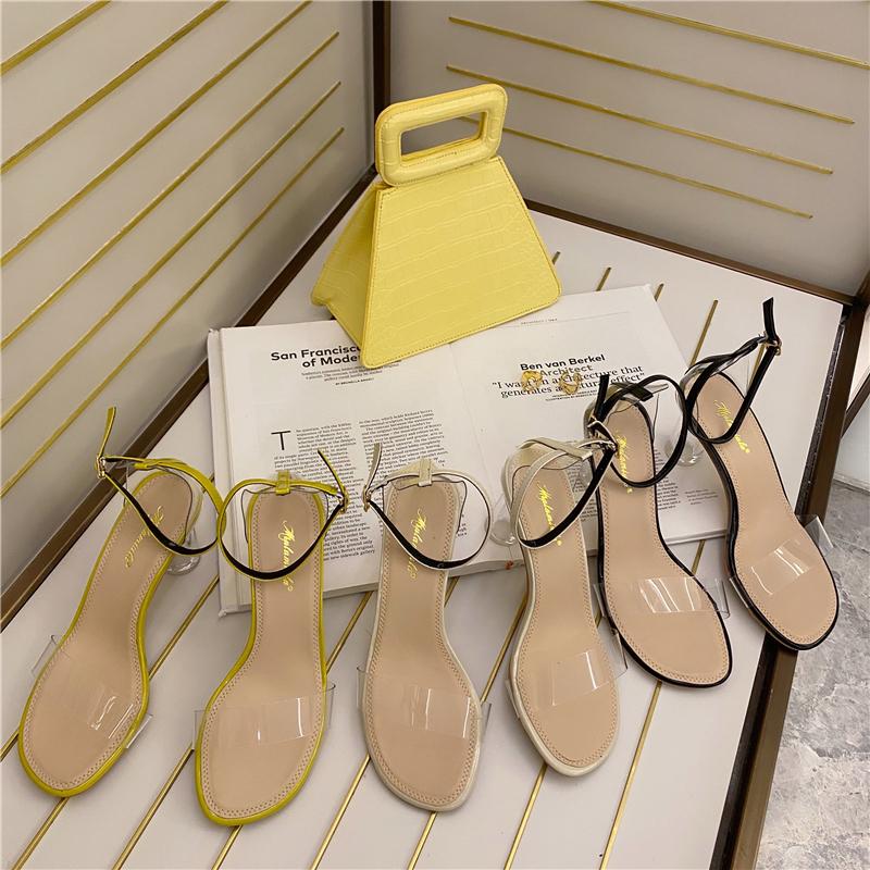 

Hot Sales Women Sandals Transparent Crystal Round Heels Summer Party Sandals Dress Shoes Vacation Ankle Strap High Heels, Beige