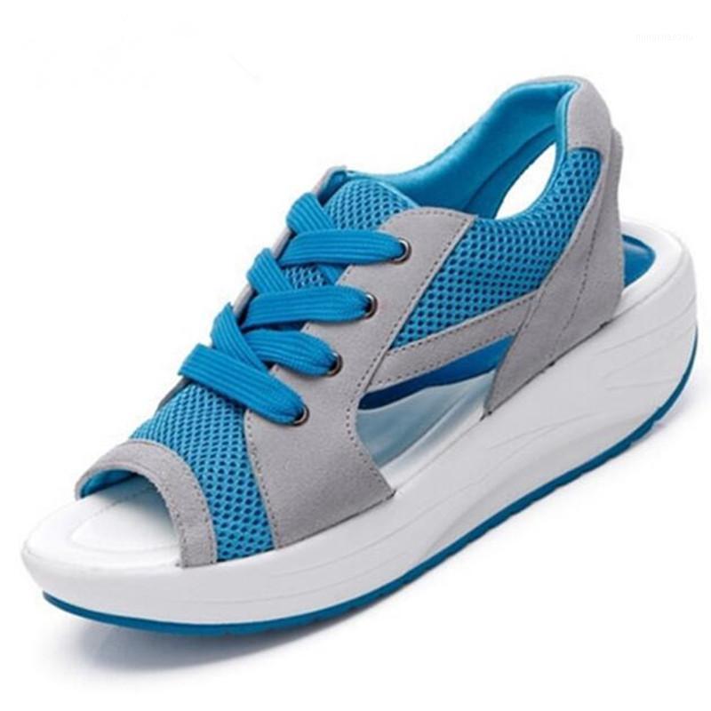 

YeddaMavis Women Mesh Sandals Shoes New 2020 Summer Fashion Women's Sandals Casual Mesh Shoes Ladies Lace Up Wedge Blue1
