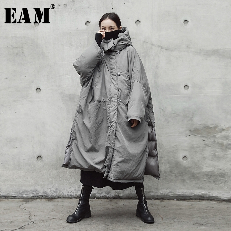 

[EAM] Hooded Cotton-padded Gray Oversize Long Warm Coat Long Sleeve Loose Fit Women Parkas Fashion Spring Autumn 2021 JE02002 210203, Light gray