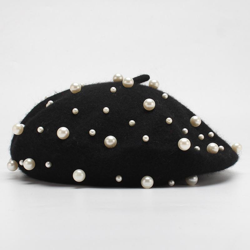 

Women Pearl Berets Hat Autumn Winter 100% Wool Lady Hats Beret Female Bonia Gorras Caps Flat Female Knitted Artist Beanie Hat, Black