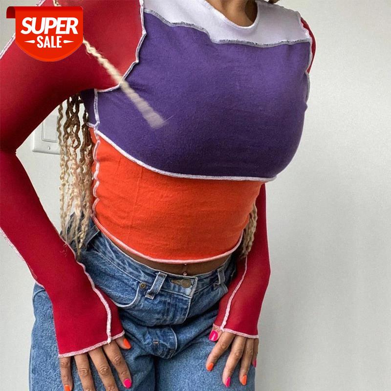 

Streetwear Patchwork Slim Bodycon T-shirt O-neck Fashion Tops New 2020 Sexy Women Long Sleeve Fall Autumn T-shirt Crop Tops Club #Lx43, White