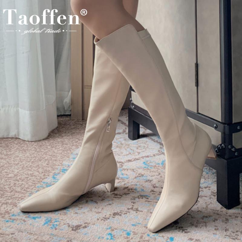 

Taoffen Women Knee Boots Thick Heel Pointed Toe Zipper Shoes Winter Warm Shoes Fashion Women Party Footwear Size 33-40, Beige