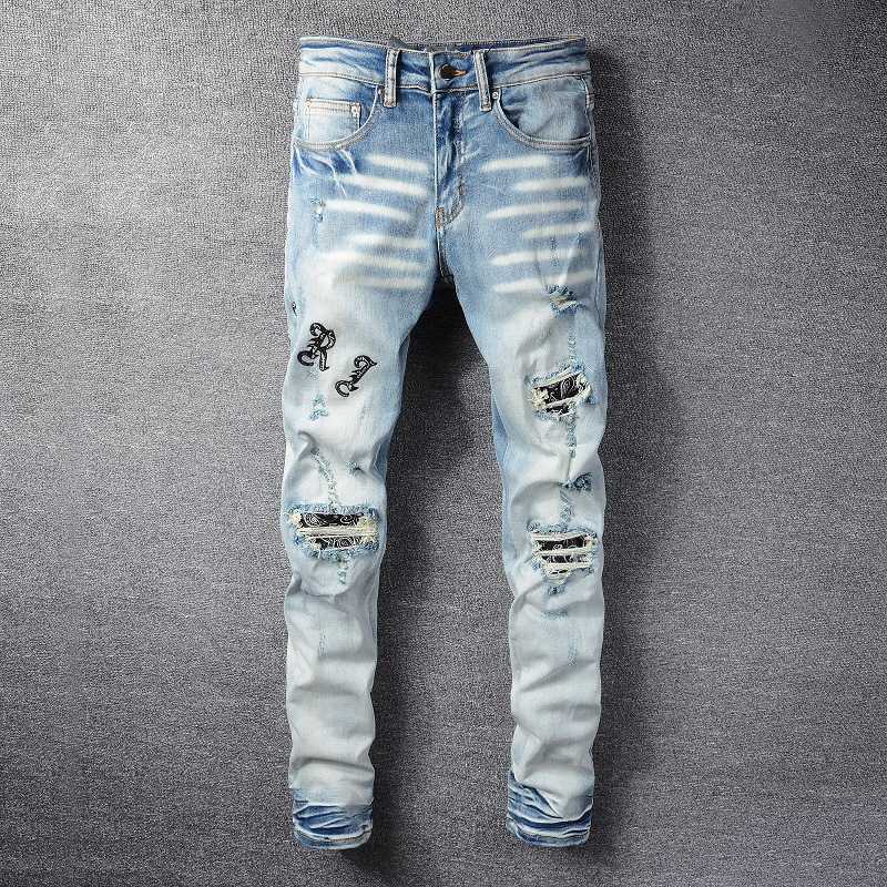 

New US miri casual hip hop high street worn out and worn washed splash ink color painting Slim Fit Jeans Men's #828, As shown in figure