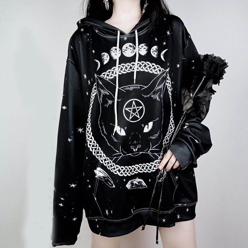 

Februaryfrost Autumn Sweatshirt Female Kpop Loose Large Size Female Long Sleeve Hoody Winter Black Cat Halloween Hoodies Clothing