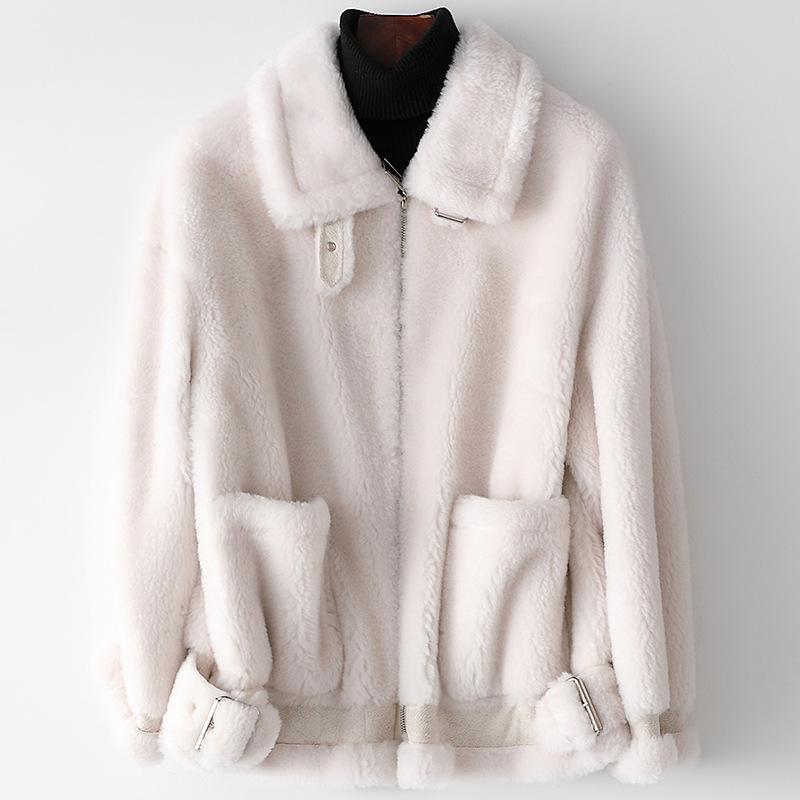 

New Real Fur Coat Women Long Sleeve Turn Down Collar 100% Wool Coat Female Autumn Winter Warm Thick Wool Oversized Overcoat, Beige