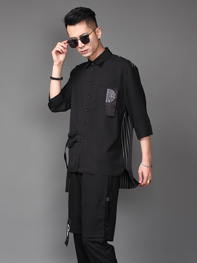 

2021 -2xl!! 's Spring/summer New Men's Hair Stylist Released Patchwork Tarja Casual Sleeve Shirt Five. CREE, Black.
