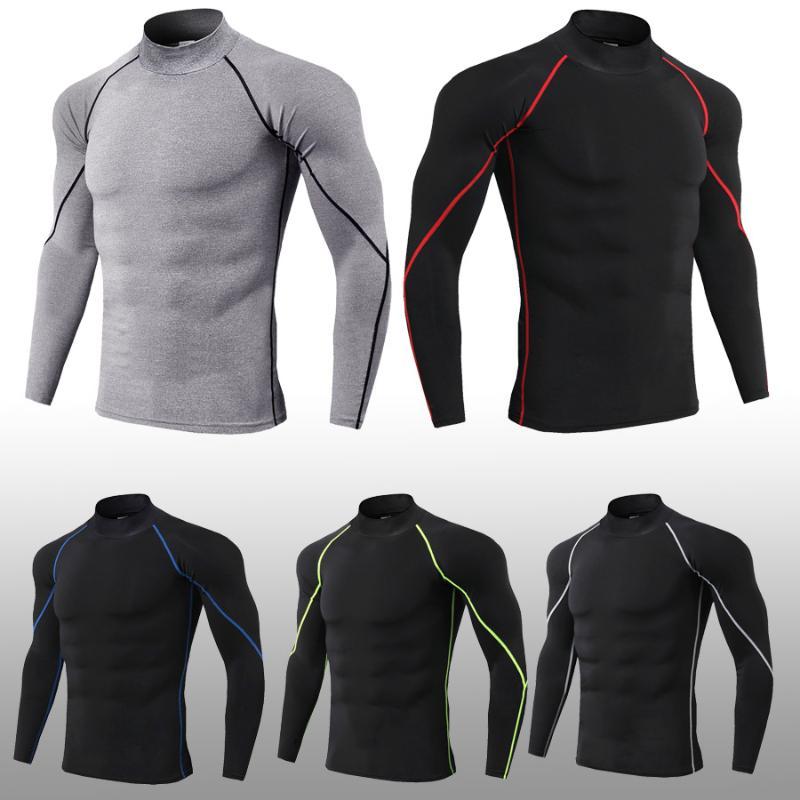 

T-shirt with fitness lapel compression, high collar, casual thermal men's underwear with , streetwear, gym tops, Black