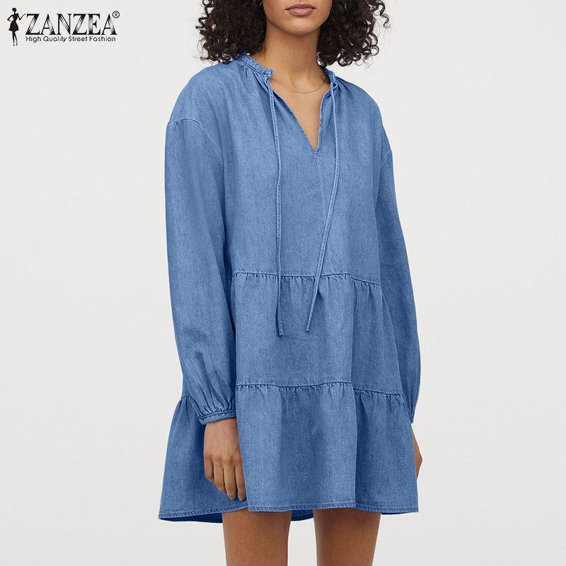 

Womens V Neck Denim Vestidos ZANZEA Fashion Mini Dress Female Solid Ruffle Robe Casual Chic Long Sleeve Dresses Oversized -5XL, Light blue