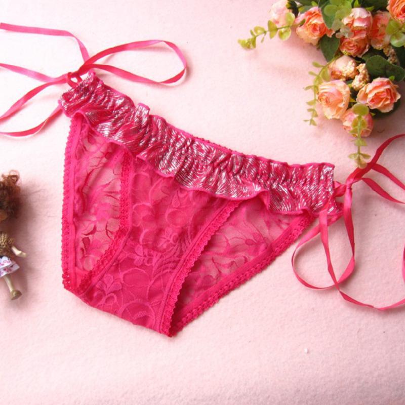 

Summer new sexy ladies mesh lace transparent low-waist lace-up thong panties, Purple