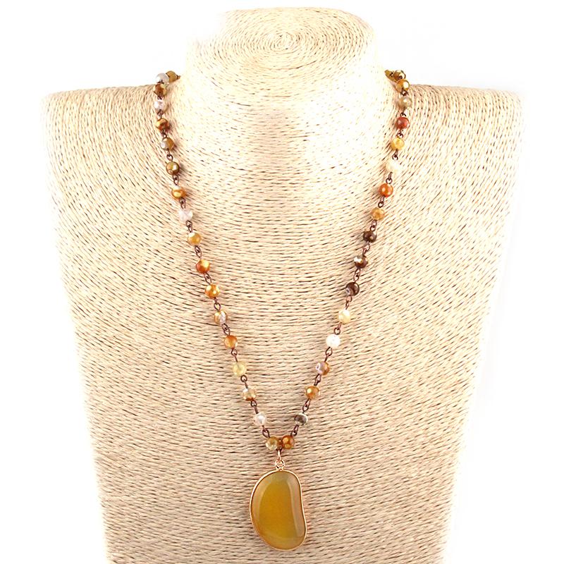 

Free Shipping Fashion Bohemian Tribal Jewelry 6mm Semi Precious Stones Rosary Chain Yelloy Pendan Necklace Women Ethnic Necklace