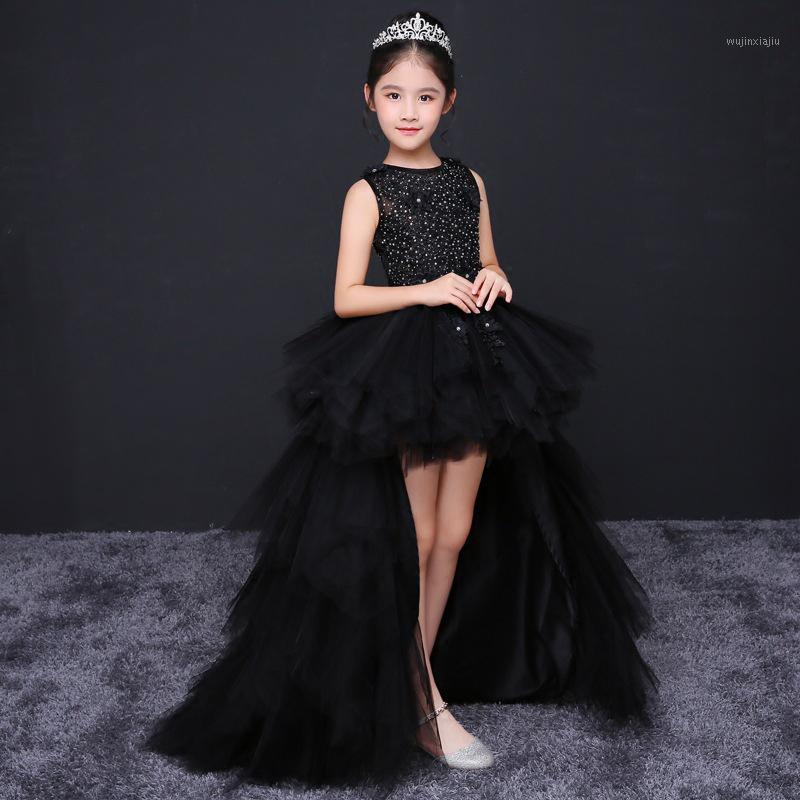

New Kids Girl Beads Tulle Trailing Princess Dress Teens Girls Evening Ball Gown Party Pageant Dress Children Mesh Vestidos Q891, Black short