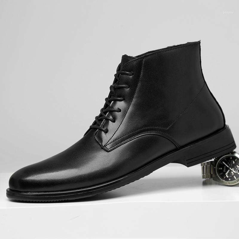 

genuine leather boots men comfortable brand fashion boots men shoes outdoor dress lace up plush warm winter snow n51, Black 1