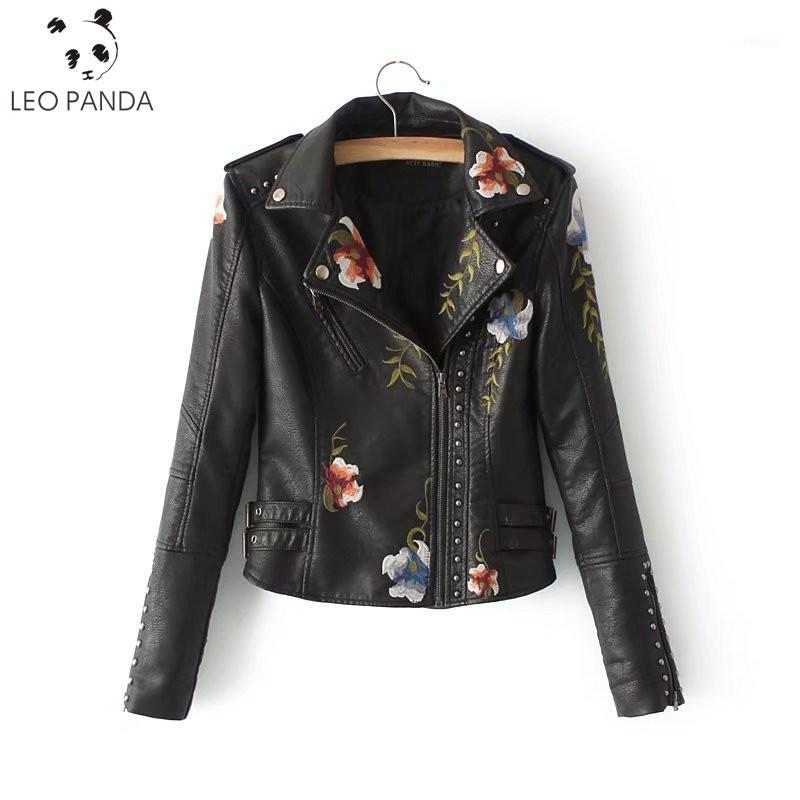 

Women' Leather & Faux Embroidery PU Jacket Women Spring Autumn Fashion Motorcycle Black Coats Outerwear Coat1