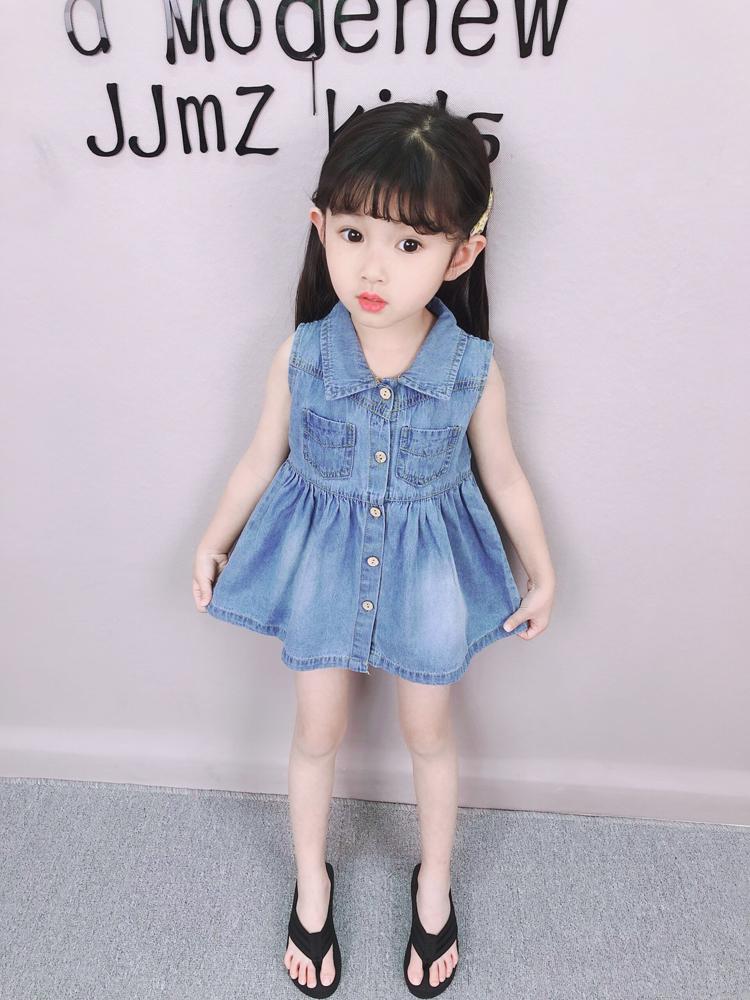 

Summer baby jeans jacket sleeveless cardigan cotton vest coat a-line single breasted tops pleated dress 1-3-5 years turn down, Blue