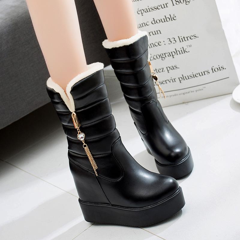 

2020 Winter New Girl's Warm Boots Mid-calf Women's Snow Boots Thicken Plush Inner Warm Wedges Thick Sole Black Red
