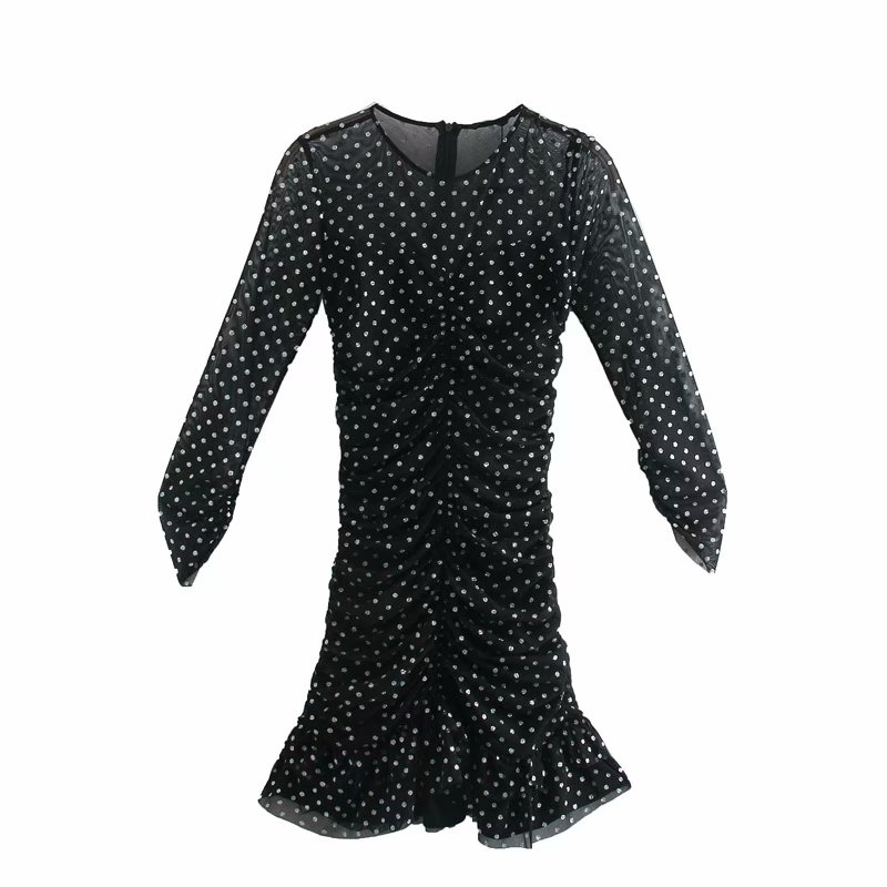 

New Elegant Women Polka Dot Mesh Patchwork 2021 Fashion Ladies Sheath Draped Sweet Female Chic Cascading Ruffles Es 4i0z, Black