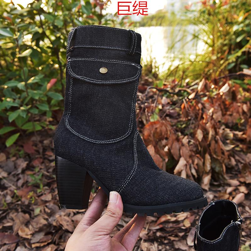

Women's student fashion high heel denim tube women's boots black boots woman shoes womens knee high