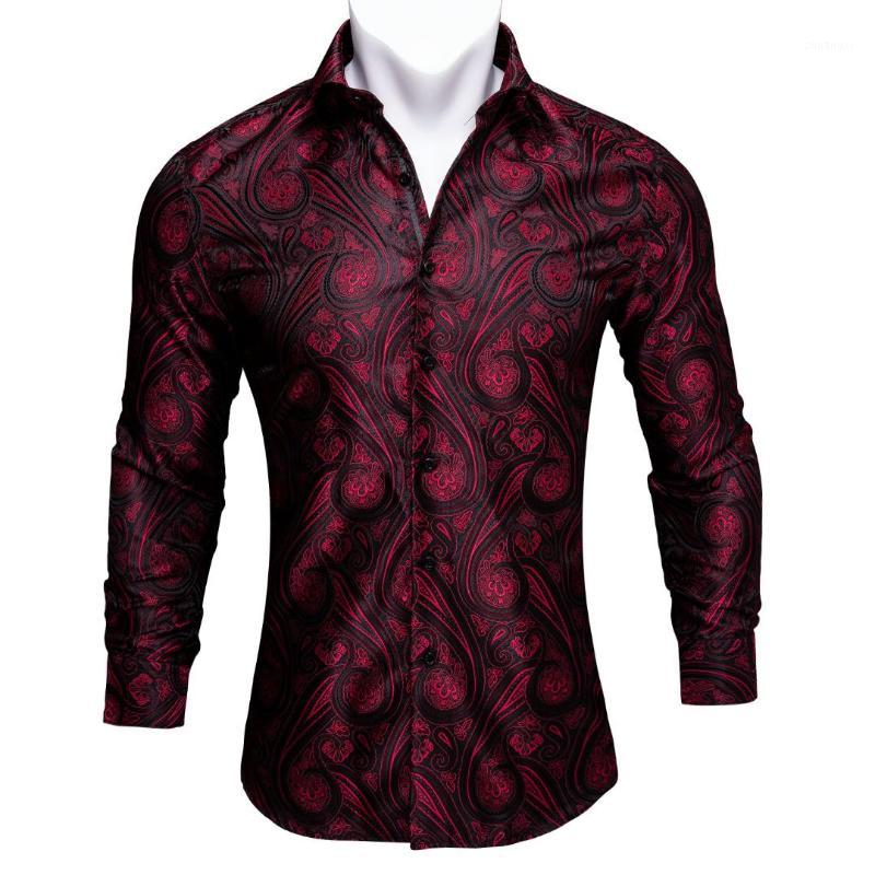 

Barry.Wang Red Paisley Bright Silk Shirts Men Autumn Long Sleeve Casual Flower Shirts For Men Designer Fit Dress BCY-011, Cy-0006
