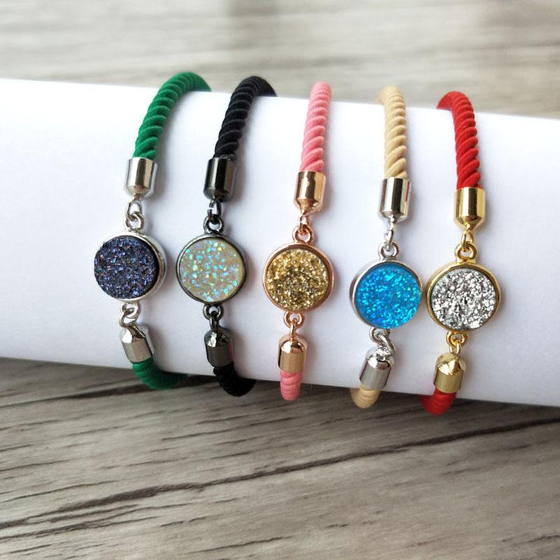 

10pcs Mix Color Cotton Adjustable hand Chain Bracelet,Natural druse geode Quartz Titanium Stone charm connector Bracelets BG174