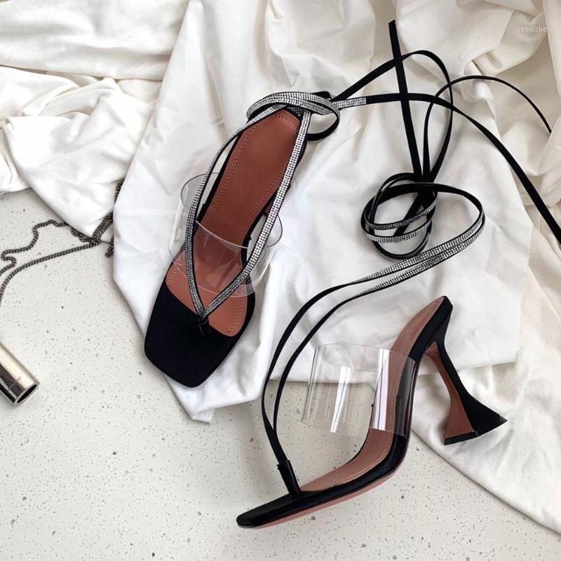 

Woman Sandals Ankle Strap High Heels Rhinestone Women Shoes Elegant Sandals Women Square Toe Genuine Leather PVC Shoes Woman1, As pick