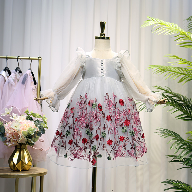 

2021 New Flowers Embroidery Kids Clothes Lantern Sleeve Es for Girls Princess Costume 4-9y Ftyj, Pink