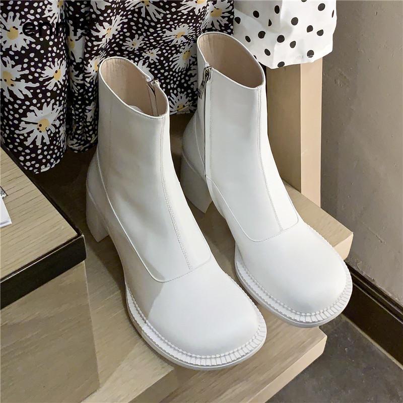 

ENNIS Brand Women's Ankle Boots Square High Heel Leather Boots Black Patent Genuine Leather Zipper White Shoes NEW A0042