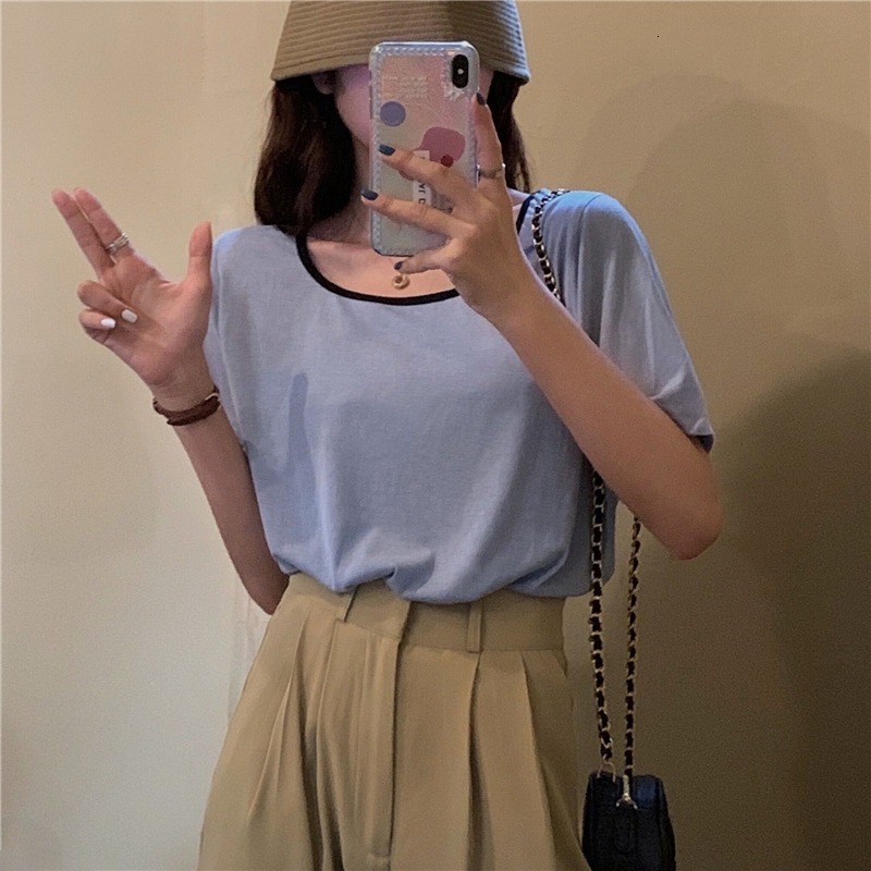 

2021 New 2 colors summer Korean style square neck short sleeve t-shirts of women women's tops (cx1175) GF2W, Sky blue